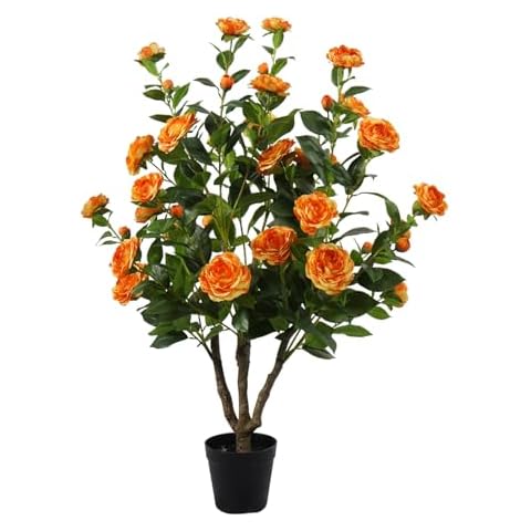 Artificial Camellia Tree,40" Faux Plant with Realistic Orange Silk Flower, Fake Flower Artificial Plants Indoor, Faux Tree in Black Planter for Home Living Room Decor Cover