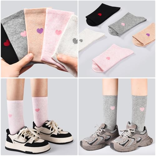 Image of Corlap Women's Cotton Crew Calf Socks - 5 Pairs Ankle High Dress Casual Socks, Fun Cute Heart Gifts for Mom Mother