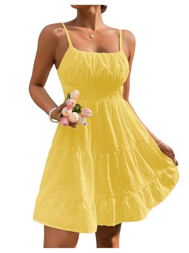 Image of Floerns Women's Swiss Dots Sleeveless Ruched Bust Ruffle Hem Cami Short Dress