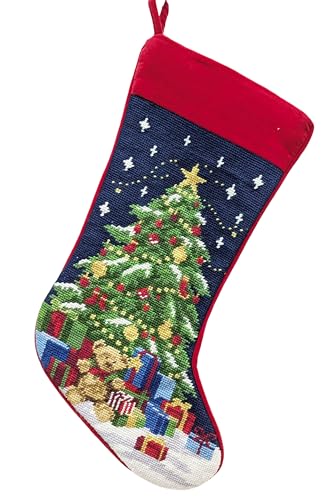 Personalize It Needlepoint Stocking Christmas Vintage Tree with Teddy Bear and Gifts Family Heirloom - Wool Hand Needlepoint Finished