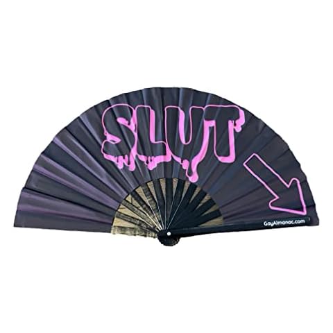 PandaTak Gay Pride Folding Hand Fans, Funny Large 13" Bamboo Fan with UV Reactive Ink, for LGBTQ Circuit Parties EDM Festivals and Raves (Slut - Right Arrow) Cover