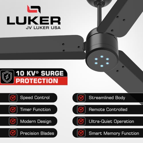 Image of LUKER JVLuker USA Aerozen Plus 1200mm BLDC Ceiling Fan with IR Remote BEE 5 Star 65% Energy Saving High Air Delivery Low Noise LED Indicator Reverse Mode for Living & Bedroom (Black- Mat Finish)