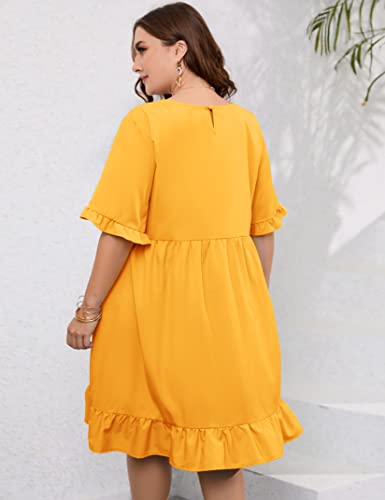 Kojooin Women's Plus Size Keyhole Neck Ruffle Sleeve Casual Dress A Line Swing Babydoll Midi Dresses (Lemon Yellow,5Xl) #TOP5