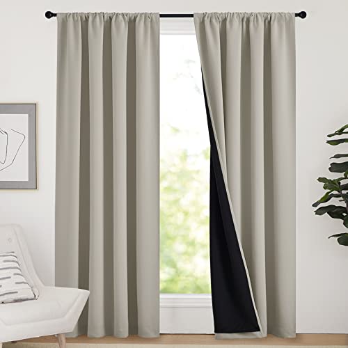Image of NICETOWN Living Room Completely Shaded Draperies, Privacy Protection & Noise Reducing Drapes, Black Lined Window Treatment Curtain Panels for Patio Sliding Glass Door (Natural, 2 Pieces, W52 x L84)