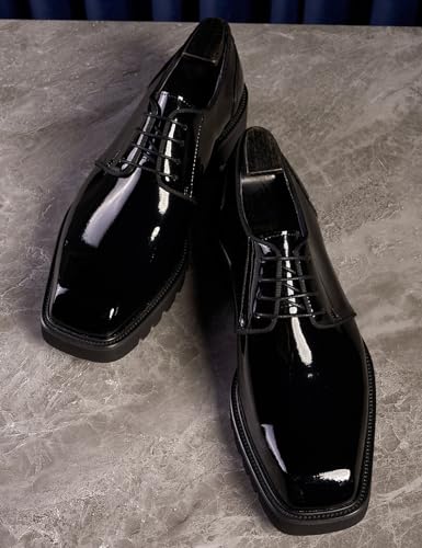 Santimon Men's Oxfords Black Formal Dress Patent Leather Handmade Unique Square Toe Derby Shoes Business Casual Thick-Soled Shoes3