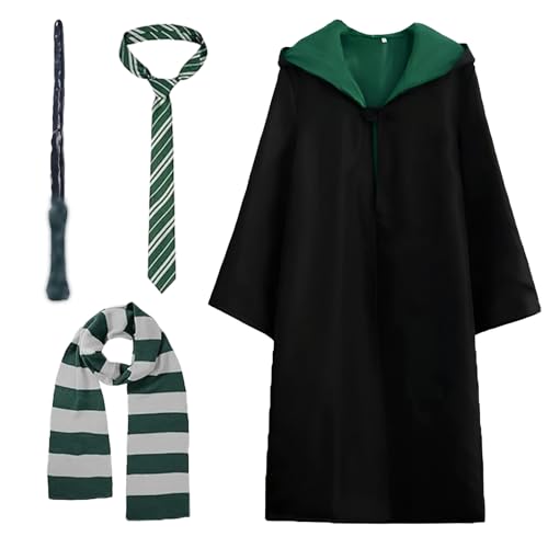 Rakumi Wizard Costume for Adults 4 Pcs Magic Robe Set Wand Tie Scarf Halloween Cosplay Outfit for Men Women