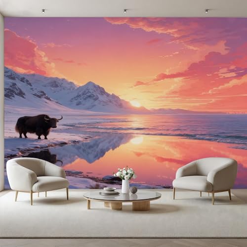Papier Peint Panoramique, Papier Peint Intissé Paysage Nature, Poster Geant Mural Animaux Bovins Des Highlands, Moderne Murales Montagne Enneigée au Coucher...