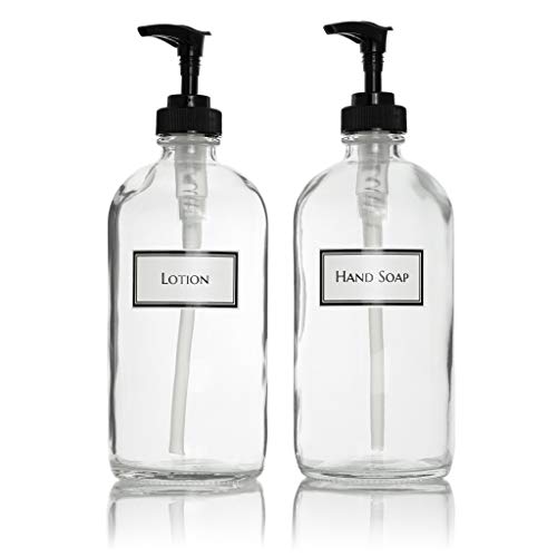 Artanis Home Ceramic Printed Glass Hand Soap and Lotion Dispenser Set with Black Pumps, 16 oz, Clear