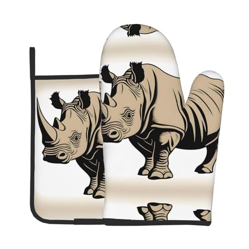 WZYWHJ Animal Rhino - Juego de guantes de horno y soportes para ollas para cocinar, microondas, parrilla, resistente al calor con diseño de cordón