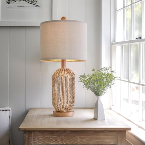 OYEARS 21" Boho Table Lamp for Living Room, Bedside Lamp for Nightstands, Rattan Lamp for Bedroom, Farmhouse Table Lamp for Room Decor, End Table, Retro, Brown, 1 Pack - Image 2