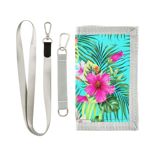 Colorful Hibiscus Green Leaves Kids Wallet for Boys Girls Outdoor Sport Trifold Wallets for Children Teen Youth Wallet with Zippered Coin Pockets Card Holders Front Pocket Wallets with Magic Sticker