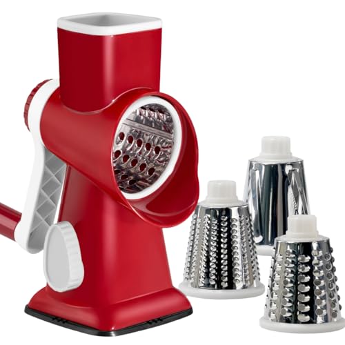 LacusMare Rotary Cheese Grater with 3 Blades for Slicing, Coarse Grating & Fine Shredding, Graters for Kitchen with Stable Suction Base, Vegetable Slicer for Cucumber, Carrot, Potato, Nuts (Red)