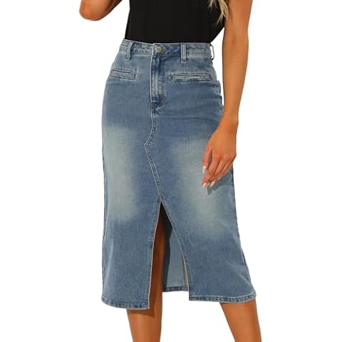 Allegra K Women's High Waist Midi Denim Skirt Cover