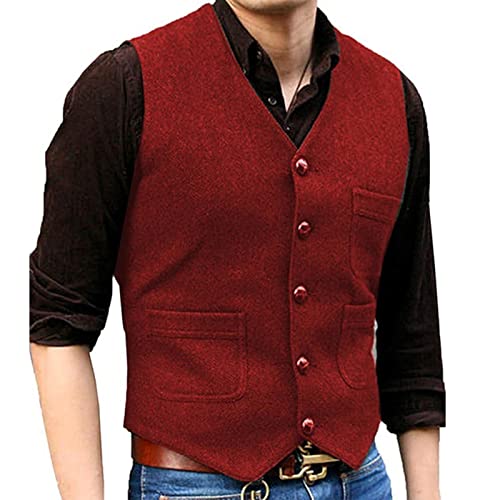 Men's Formal Suit Vest with Pockets Wedding Waistcoat for Big and Tall Men Party Business Dress Suit (Color : Red, Size : 3XL)