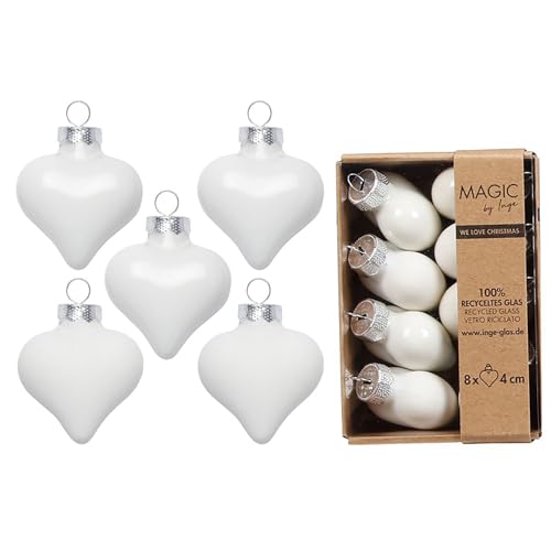 Christbaumschmuck Herzen 4cm Glas 8 Stück - matt & glänzend - Kleine Christbaumkugeln für Weihnachten - Weihnachtskugeln & Weihnachtsbaumschmuck Weiß - Pure White