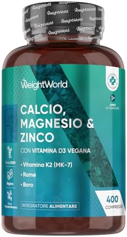Magnesio Zinco Calcio Vegano con Vitamina D3 K2 MK-7, 400 Compresse (13+ Mesi di Fornitura), 1 al Giorno, Calcio Magnesio Zinco Integratore, Complex Contenente Minerali Come Rame e Selenio, Senza OGM