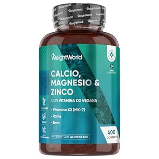 Magnesio Zinco Calcio Vegano con Vitamina D3 K2 MK-7, 400 Compresse (13+ Mesi di Fornitura), 1 al Giorno, Calcio Magnesio Zinco Integratore, Complex Contenente Minerali Come Rame e Selenio, Senza OGM