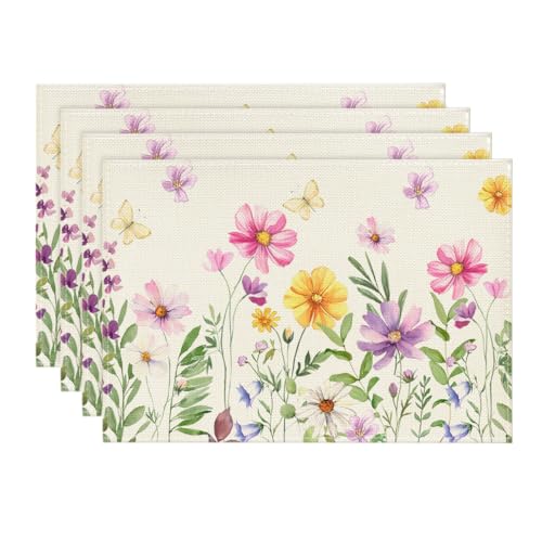 Artoid Mode Lot de 4 sets de table motif fleurs papillon, 30 x 45 cm - Lavable - Décoration de fête
