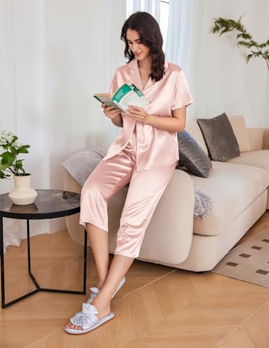Image of Ekouaer Womens Satin Silky Capri Pajamas Short Sleeve Button Down Sleepwear