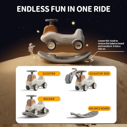 UNICOO® 4-in-1 Excavator Rocker n Ride, Ride-On Baby Balance Bike with Detachable Balance Board, Toddler Rocking Chair, Movable Arm, Ride On Toys for Toddlers 3-5, Indoor Outdoor (Gray & White)