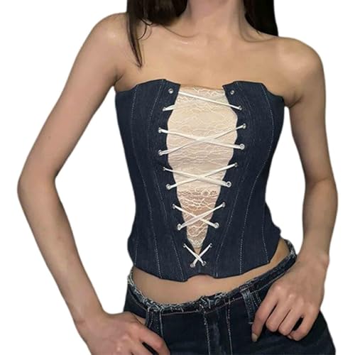 Women's Denim Patchwork lace Cross tie Slim fit Vest Strapless Short Sleeveless Tops for Women