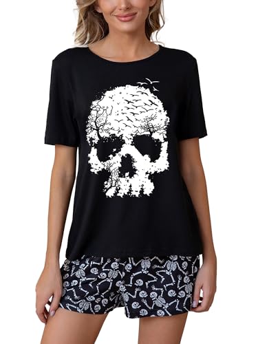 Leevuyu Halloween Pajamas Women Skull Pajamas Short Sleeve Tees and Shorts Halloween Skeleton Pjs Pajama Set Black L