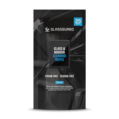 GLASSGUARD Glass & Mirror Cleaning Wipes – Pre-Moistened Streak-Free Wipes for Windows, Mirrors, Glass & Surfaces, Lint-Free & Quick Dry, Pack of 25