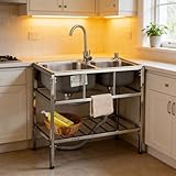 Edelstahl-Spüle mit Kalt- & Warmwasser Armatur & Abfluss, Outdoor Spüle Waschbecken mit Stauraum für Restaurant, Küche, Garage, 83 * 44 * 85 CM