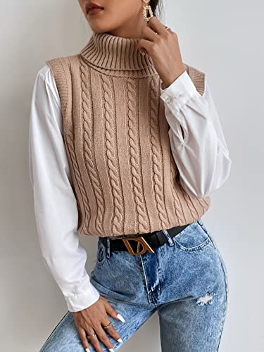 Romwe Women's Sweater Vest Cable Knit Turtleneck High Neck Sleeveless Pullover Tank Top Khaki S #TOP3