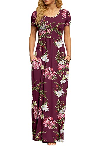 Db Moon Women's Casual Maxi Dresses Short Sleeve Empire Waist Long Dress For Beach With Pockets(Flower Burgundy, M) #TOP2