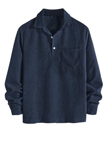 Image of ZAFUL Men's Corduroy Shirts Solid Color 2024 Fall Half Button Long Sleeves Polo Shirt Casual Work Collared Shirt with Pocket