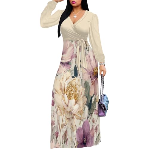 Image of Women's Plus Size Maxi Dresses Long Sleeves V Neck Floral Print Bohemian Swing Long Dress with Belt