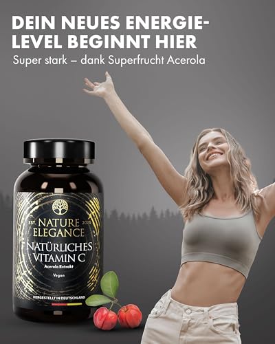 NATURE ELEGANCE Natürliches Vitamin C aus Acerola – Hochdosiert & vegan – 180 Kapseln für 6 Monate – Ohne Zusätze – Gepuffert & gut verträglich – Vitamin C hochdosiert in Deutschland produziert