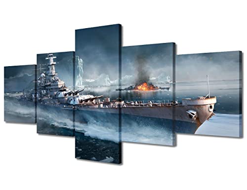 Toile bateau de guerre en 5 panneaux - Décoration murale noire et blanche encadrée 127x61cm