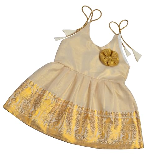 Image of Sathiyas Cotton Kids Baby Girls Frocks | Knee Length Kerala Onam Tissue | Traditional Embroidered South Indian | Western Frock Princess Birthday | Dress for Girls
