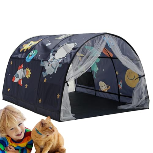 Tienda de cama para niños - Stars, Moon & Space Canopy | Sala de juegos para niños, red de sueño temática de niños y niñas, red de mezquitos de dormitorio para niños, carpa de cama de cielo estrellado