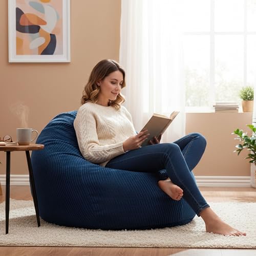 LIVEDECO - Pouf Poire Déhoussable avec Billes, Velours Côtelé Bleu Marine, Intérieur pour Salon, Chambre - BiG52