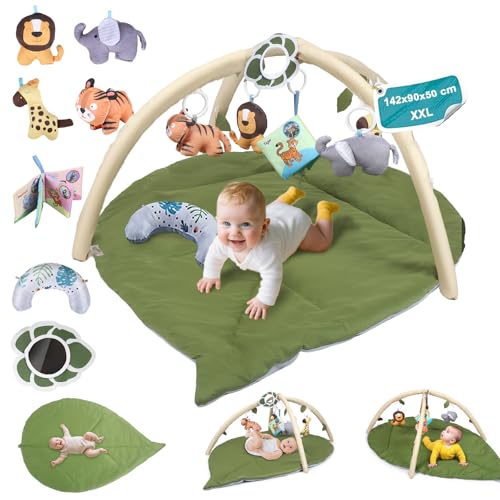 Extra Großer Spielbogen Baby, XXL Spielmatte mit Bauchzeit Kissen und 5 Sensorik Spielzeug und Spiegel, Faltbar Krabbeldecke Aktivitätsmatte für 0-6-9-12 Monate, Neugeborenes Geschenk, 142x90x50 cm