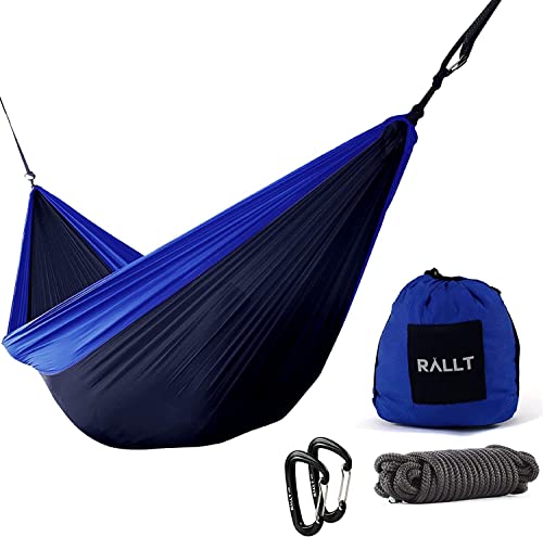 Rallt Camping Hammock & Carabiners - Portable Set Includes Durable Hammock Made W/Ripstop Parachute Nylon, Ultralight 12 Kn Carabiners & 20Ft Of Rope- Outdoor Gear For Hiking(Navy/Royal Blue, Double) #TOP5