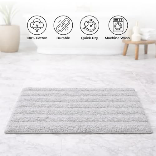 Image of Premium Combed Cotton Tufted Bathmat 45 x 65 cm, 1800 GSM Soft Absorbent Anti Skid Bathroom Floor Mat with Latex Backing, Quick Dry Non Slip Bath Rug for Shower & Daily Use, Stripes Silver