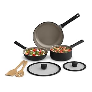 bella 7 Piece Cookware Set with EverGood™ Ceramic Nonstick Coating​, Dishwasher Safe Oven Safe, All Stovetops Compatible, Glass Lids with Silicone Rims, Cool Touch Handles, Black