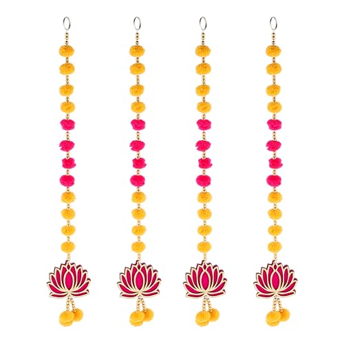 Image of Prapti Handicrafts Handmade Traditional Lotus Pompom Wall and Door Hanging Latakan for Home | Diwali Decor | Wedding and All Festival Decoration | Decorative Items for Pooja Room,Temple Pack of 4