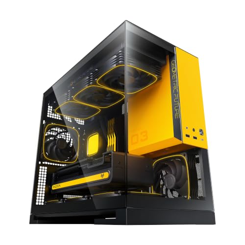 Image of Geometric Future Model 3 Panoramic Tempered Glass Dual Chamber Micro-ATX Tower PC Case, 5 Pre-Installed 120mm x 30mm PWM ARGB Fans, USB Type-C, 360mm Radiator Support, Black /Yellow, GEO-M3F-BY