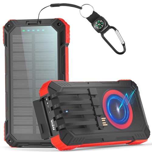 Batterie Externe Solaire 56800 mAh, Banque d'alimentation Solaire ExtéRieure éTanche LivréE avec 5 Sorties, 3 EntréEs, Lampe De Poche, Mousqueton, Boussole...