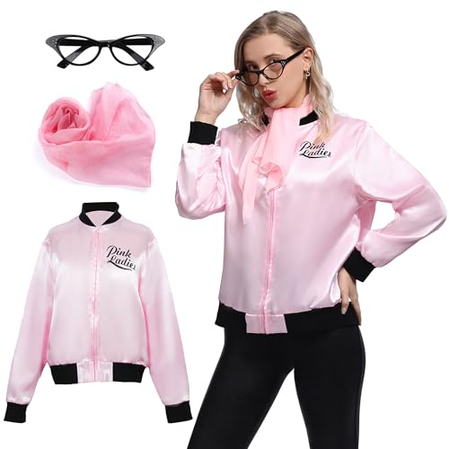 Wizland Women Pink Satin Ladies Grease Jacket with Neck Scarf and Glasses S