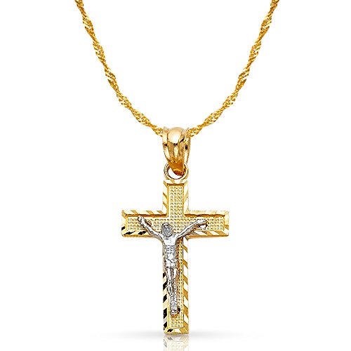 14K Two Tone Gold Jesus Crucifix Cross Pendant with 0.9mm Singapore Chain Chain Necklace