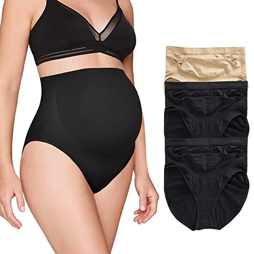 Brabic Women’s Seamless Maternity Panties High Waisted Pregnancy Underwear Belly Support Briefs Over Bump 3 Pack (2Black+1Beige, X-Large) #TOP18