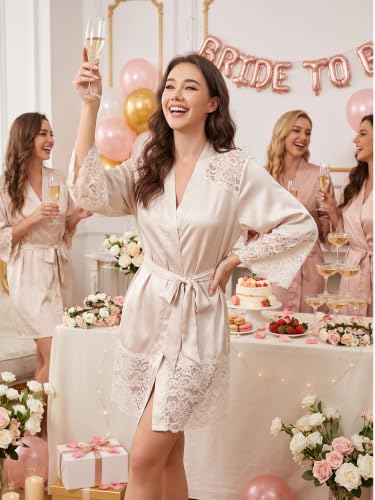 Anetyflying Women Slik Robes Lace Trim Stain Kimono Bathrobe for Bridesmaid - image 3
