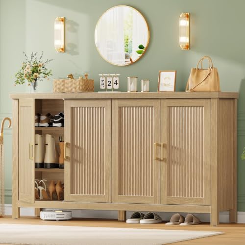 Image of TEENFON 63 inch Buffet Cabinet with Storage, Fluted Sideboard Cabinet with 4 Adjustable Shelves, Modern Coffee Bar with 4 Doors, Coffee Bar Cabinet for Kitchen, Living Room, Natural