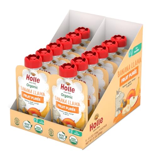 Holle Organic Baby Food Pouches - Banana Llama Baby Puree with Banana Apple Mango and Apricot - (6 Pack) Organic Baby Snacks + Fruit and Veggie Pouches for Weaning Babies 6 Months and Older